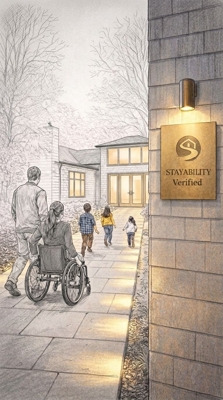 A family including a woman in a wheelchair approaching a beautifully lit home with a Stayability Verified plaque