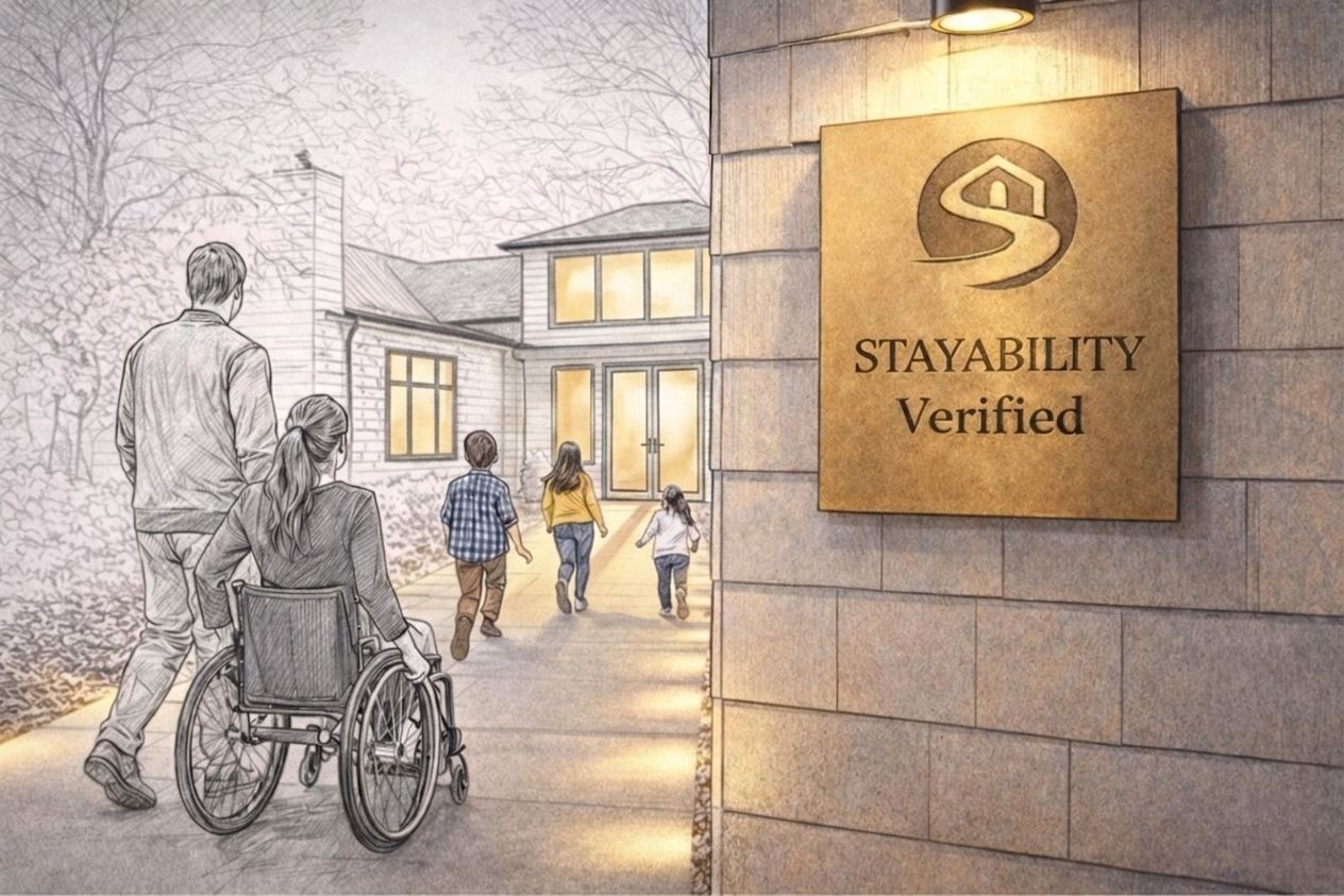 A family including a woman in a wheelchair approaching a beautifully lit home with a Stayability Verified plaque